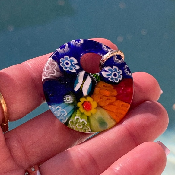 Glass Millifiore fused pendant chakra colors with butterfly - Picture 7 of 8